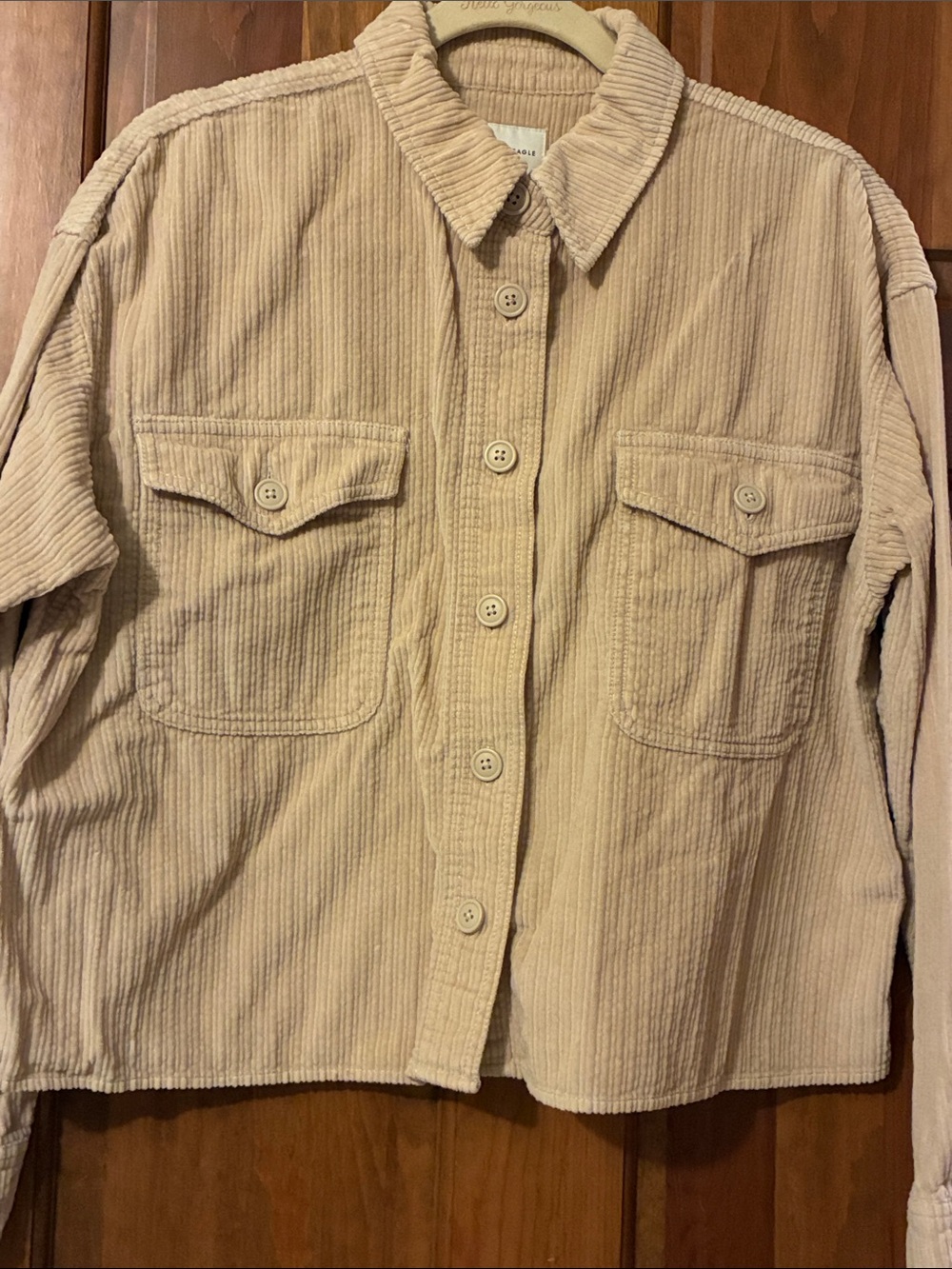Corduroy Button-Front Shacket in Cream or Tan - Cropped